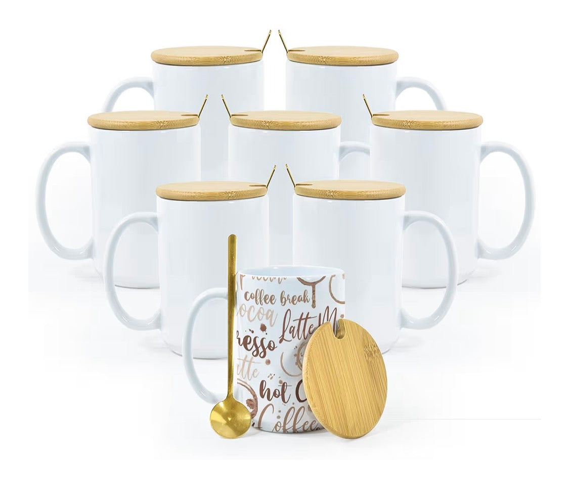 15oz. Sublimation Mug with Bamboo Lid and Gold Spoon
